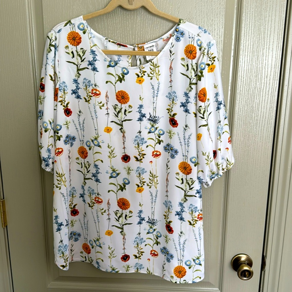 Remade Floral Top - shirt, blouse, flowy, wild flowers, blue, yellow, green